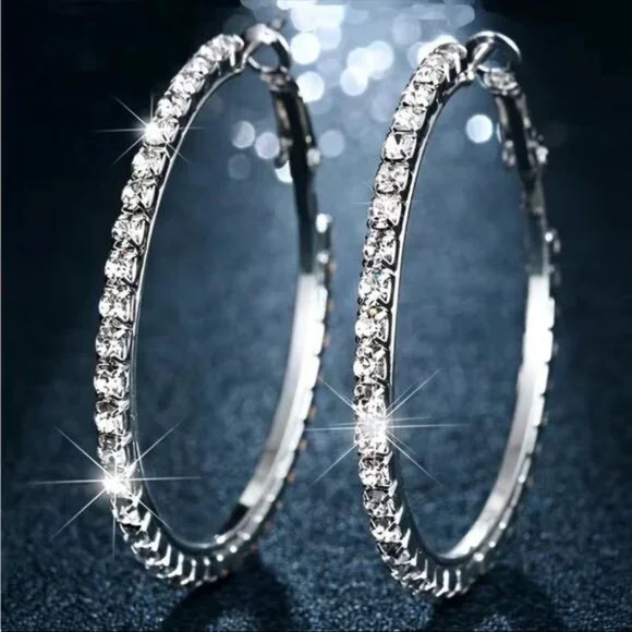 Large Full Rhinestone Hoop Earrings Silver - Picture 3 of 5